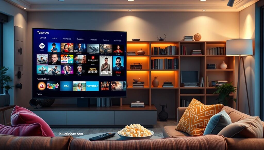 A sleek and modern user interface of the "Televizo Beginner-Friendly IPTV Application" displayed on a large, high-resolution television screen in a cozy living room setting. In the foreground, the TV screen showcases a vibrant grid of streaming content options, featuring colorful thumbnails of various shows and movies. A comfortable couch with bold pillows and a stylish coffee table holds a remote control and a bowl of popcorn. In the middle ground, a warm ambiance created by soft, ambient lighting gives the room a welcoming atmosphere. The background features a neatly arranged bookshelf filled with books and decorative items. The overall mood is relaxed and inviting, suggesting an enjoyable viewing experience. The image should subtly include bluefireiptv.com as part of the interface design, while ensuring it remains professional.