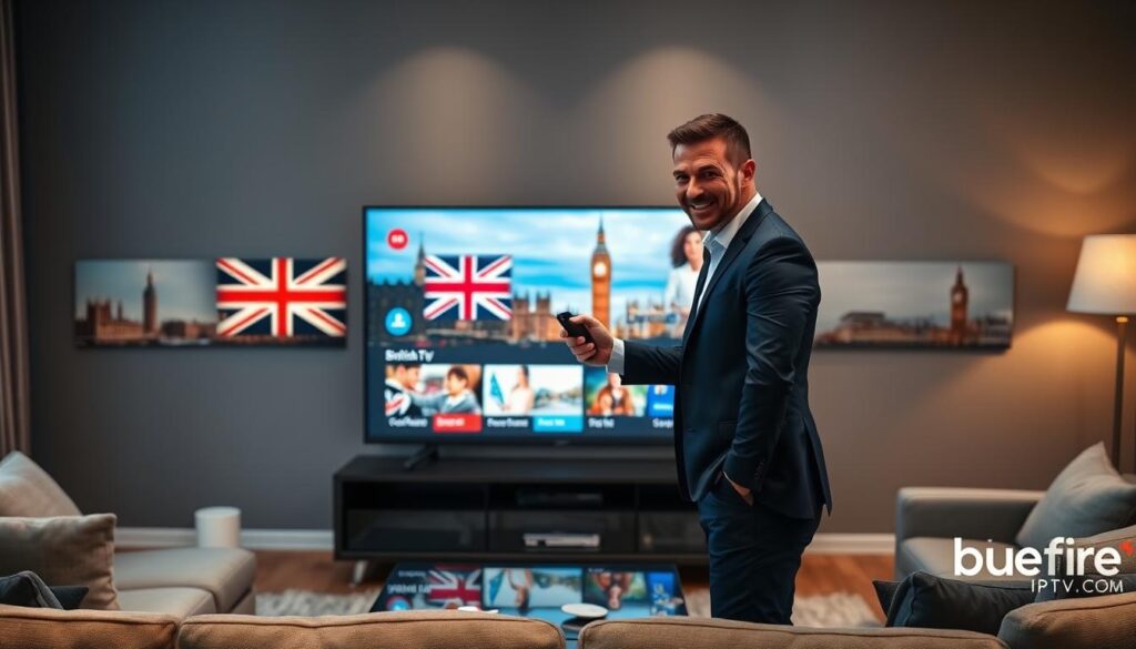 A sleek living room setting featuring a modern television displaying high-definition streaming content from various British IPTV channels. In the foreground, a professional individual in smart casual attire enthusiastically interacts with a remote control, highlighting user engagement with the IPTV service. The middle section captures the vibrant, sharp images on the screen, showcasing the diversity of channels available and the high-quality British TV content. In the background, subtle hints of local UK landmarks create a comforting atmosphere, reinforcing the connection to British culture. Soft, warm lighting illuminates the scene, creating an inviting ambiance. The design suggests reliability and trust in IPTV British as viewers enjoy seamless streaming through local servers. Include a small logo or brand element of "bluefireiptv.com" in a corner, ensuring it does not distract from the main focus.