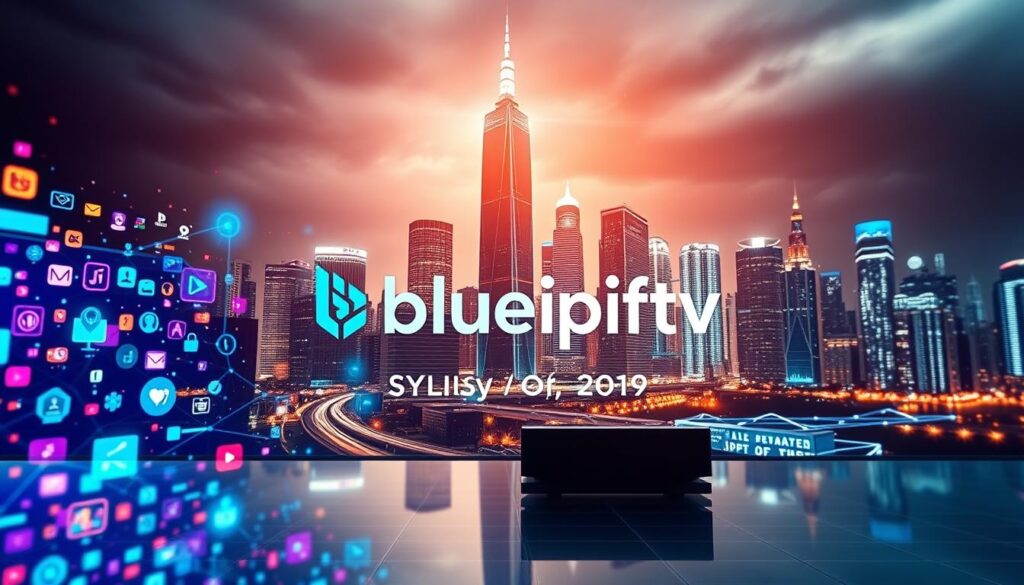 A sleek, modern digital collage showcasing the leading IPTV providers of 2026, focused on the brand "bluefireiptv.com." In the foreground, an abstract visual representation of IPTV features like streaming icons and logos in vibrant colors, symbolizing technology and innovation. In the middle ground, a futuristic city skyline with tall, shimmering buildings reflecting digital screens and data flow. The background should depict a virtual world with interconnected networks and glowing lines, creating a sense of dynamism and connectivity. Utilize soft, ambient lighting to evoke a professional yet exciting atmosphere. Capture this scene with a wide-angle perspective to give a sense of breadth and depth, emphasizing the cutting-edge nature of IPTV solutions.