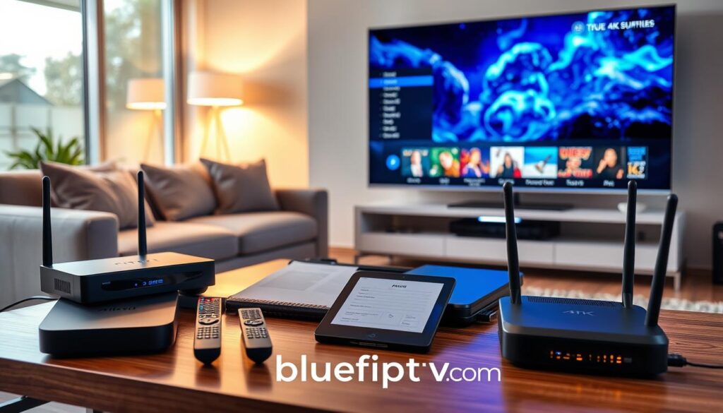 A sleek, modern living room setup designed for immersive 4K IPTV streaming. In the foreground, a high-definition television displays vibrant, detailed streaming content. Surrounding the TV, various technical gadgets, such as a streaming device, modem, and router, are showcased with glowing LED indicators. In the middle, a stylish coffee table holds remote controls, a tablet for streaming, and a notebook with technical specifications. The background features a cozy couch with plush cushions, and soft ambient lighting creates a warm atmosphere. Large windows let in natural light, enhancing the modern decor. The scene symbolizes a tech-savvy viewing experience, emphasizing the importance of internet speed and hardware for true 4K IPTV. Brand name "bluefireiptv.com" subtly integrated into the decor.
