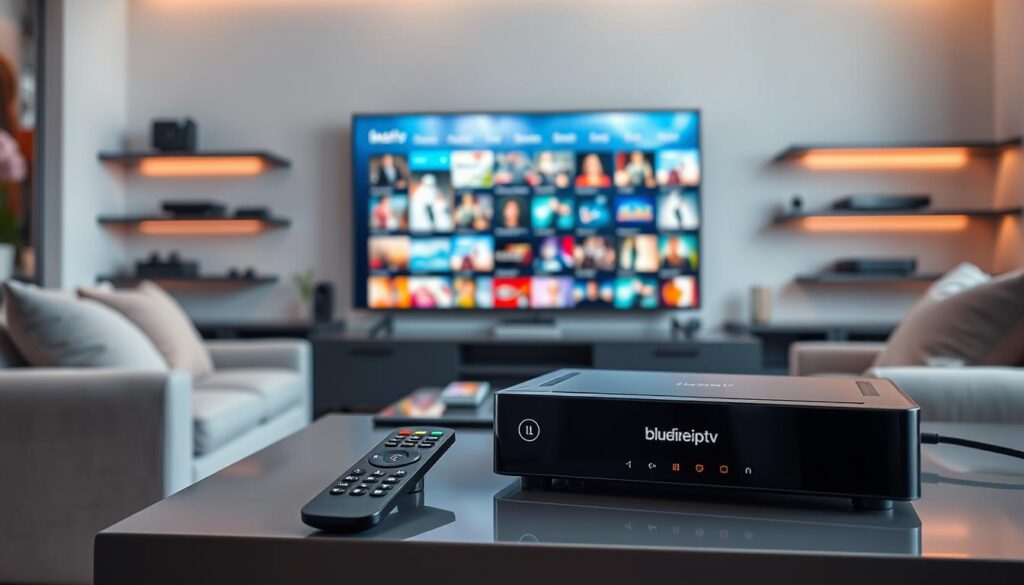 A sleek, modern living room setup showcasing an IPTV device prominently on a stylish entertainment center. In the foreground, the IPTV device is elegantly designed with illuminated buttons, accompanied by a remote control. In the middle, a large flat-screen TV displays an interface filled with vibrant thumbnails representing various content genres like movies, sports, and series, symbolizing diverse viewing preferences. The background features a cozy couch with plush cushions, a warm ambiance created by soft, diffused lighting that suggests a late evening setting. A subtle touch of technology is added with smart home devices on shelves. The scene is designed to reflect comfort and sophistication, emphasizing the theme of personal content selection for a tailored viewing experience. Include branding for "bluefireiptv.com" on the IPTV device.