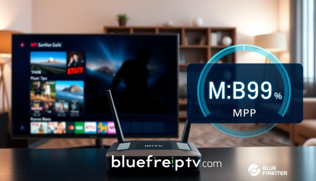 A split-screen image showcasing the concept of streaming quality and internet connection for IPTV. On the left, in the foreground, a high-definition television displaying a vivid image of a popular streaming service, with clear, crisp visuals and vibrant colors. In the middle, a sleek, modern router with glowing indicators highlighting a strong internet connection, set against a cozy living room background with soft, ambient lighting. On the right, a digital speed test graphic showing high Mbps numbers, symbolizing an optimal connection. The atmosphere conveys a sense of modern technology and comfort, emphasizing the importance of quality streaming. The brand "bluefireiptv.com" discreetly integrated into the scene as part of the decor or on a device. A split-screen image showcasing the concept of streaming quality and internet connection for IPTV. On the left, in the foreground, a high-definition television displaying a vivid image of a popular streaming service, with clear, crisp visuals and vibrant colors. In the middle, a sleek, modern router with glowing indicators highlighting a strong internet connection, set against a cozy living room background with soft, ambient lighting. On the right, a digital speed test graphic showing high Mbps numbers, symbolizing an optimal connection. The atmosphere conveys a sense of modern technology and comfort, emphasizing the importance of quality streaming. The brand "bluefireiptv.com" discreetly integrated into the scene as part of the decor or on a device.