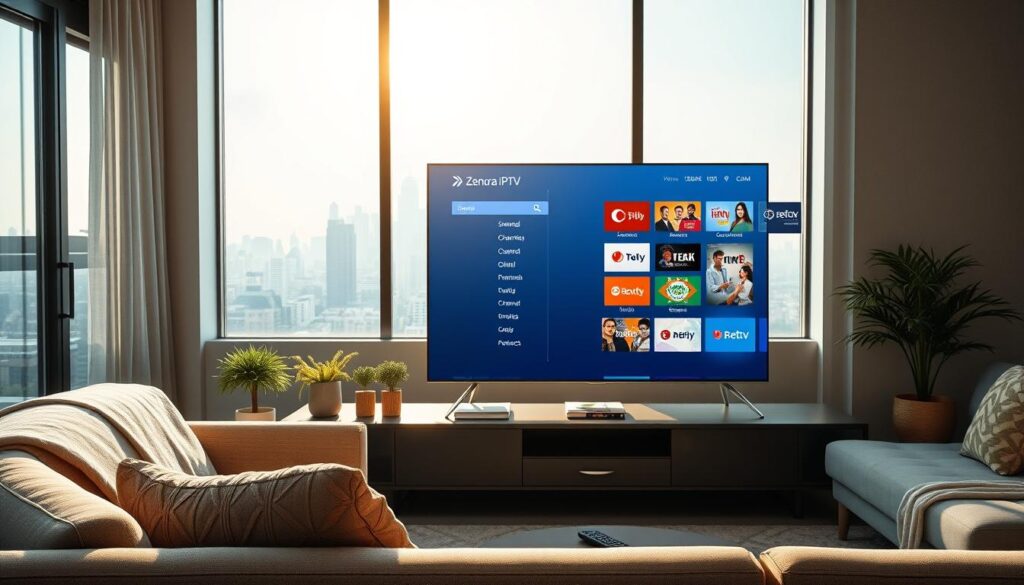 A stylish living room setting showcasing a sleek smart TV displaying the interface of "Zenora IPTV" with vibrant global channel options. The foreground features a comfortable modern sofa with a cozy blanket and a remote control on the side table. In the middle, a well-lit TV stand highlights decorative items like plants and books, creating a warm, inviting atmosphere. The background includes a large window with a view of a bright urban skyline, indicating connectivity. Soft natural light pours in, enhancing the scene's tranquility. Use a wide-angle lens effect to create depth. Overall, the image conveys a sense of premium streaming quality, channel diversity, and global access, prominently featuring the brand name "bluefireiptv.com" artistically integrated into the TV display.