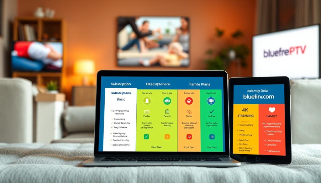 A visually engaging illustration depicting various subscription plans for IPTV services, specifically showcasing a colorful and informative chart or infographic design. In the foreground, highlight distinct subscription tiers—basic, premium, and family plans—using vibrant colors and icons representing features like 4K streaming and multiple device access. The middle ground can incorporate a laptop and a tablet, both displaying the brand logo "bluefireiptv.com," emphasizing the digital aspect. In the background, soft-focus representations of a living room or entertainment setup create a cozy atmosphere. Use warm lighting to convey a welcoming and inviting mood, suggesting ease of use and accessibility. The angle should be slightly elevated to provide a comprehensive view of the subscription plans and related visuals.