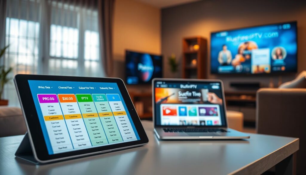 A visually engaging representation of IPTV subscription plans and pricing options. In the foreground, a sleek tablet displays various IPTV pricing tiers with vibrant icons signifying channel categories, surrounded by a few colorful charts illustrating value comparisons. In the middle, a laptop shows the homepage of bluefireiptv.com, showcasing a user-friendly interface with highlighted features. The background features a cozy living room setting with a modern TV displaying IPTV content, softly lit with warm ambient lighting that evokes a welcoming atmosphere. The scene is captured from a slight angle, creating depth while emphasizing a tech-savvy lifestyle. The mood is informative and professional, ideal for highlighting subscription options and enhancing viewer interest. A visually engaging representation of IPTV subscription plans and pricing options. In the foreground, a sleek tablet displays various IPTV pricing tiers with vibrant icons signifying channel categories, surrounded by a few colorful charts illustrating value comparisons. In the middle, a laptop shows the homepage of bluefireiptv.com, showcasing a user-friendly interface with highlighted features. The background features a cozy living room setting with a modern TV displaying IPTV content, softly lit with warm ambient lighting that evokes a welcoming atmosphere. The scene is captured from a slight angle, creating depth while emphasizing a tech-savvy lifestyle. The mood is informative and professional, ideal for highlighting subscription options and enhancing viewer interest.
