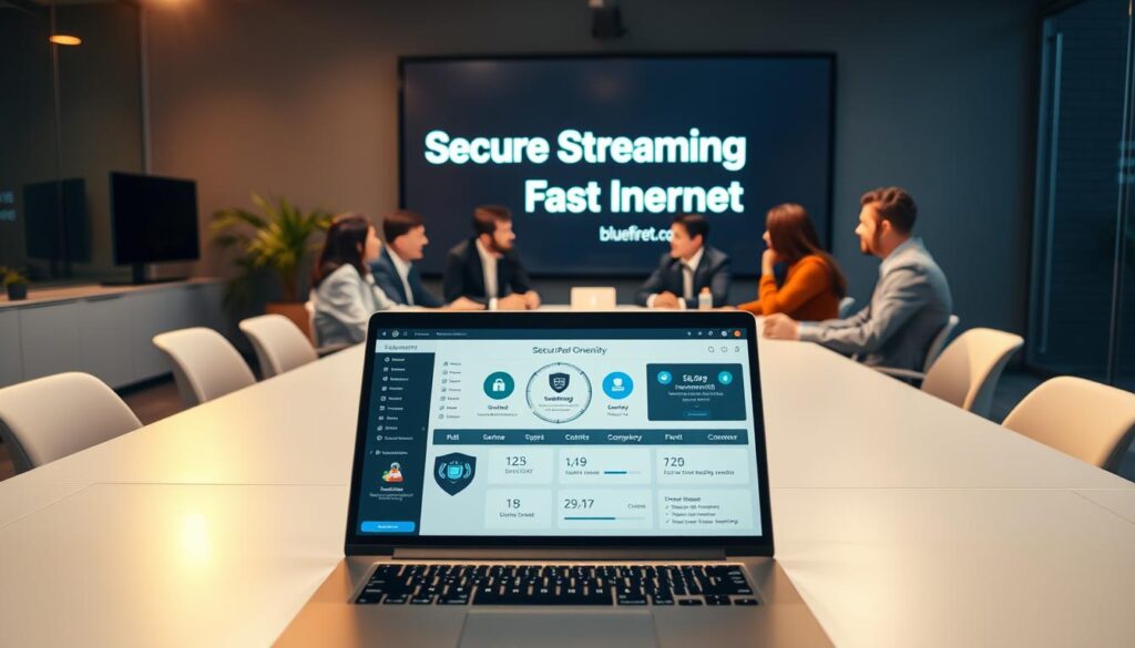 A visually engaging workspace illustrating the importance of a reliable internet connection and security measures. In the foreground, a sleek laptop displays streaming icons and a concise security dashboard. In the middle, a diverse group of professionals—dressed in professional business attire—discussing the benefits of high-speed internet while seated around a modern, well-lit conference table. In the background, a large digital screen highlights the keywords “Secure Streaming” and “Fast Internet” while showcasing the brand name "bluefireiptv.com". The overall atmosphere is focused and collaborative, with bright, warm lighting creating an inviting yet professional mood. The camera angle is slightly elevated, showcasing all elements harmoniously without any clutter or distractions.