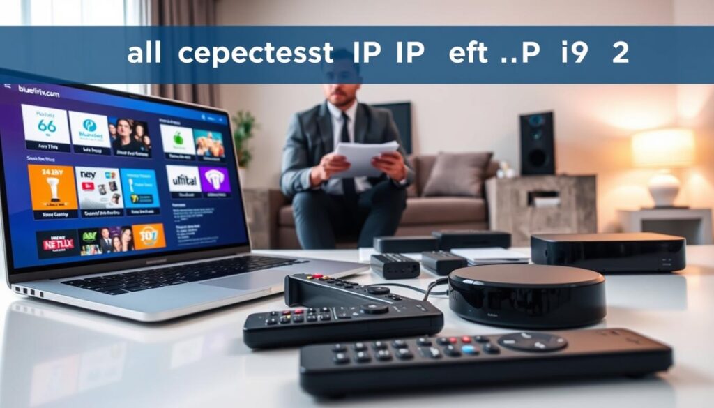 A visually striking image depicting a comparison of the cheapest IPTV subscription plans available in the UK for 2026. In the foreground, a sleek laptop displays a vibrant interface showcasing a range of IPTV options with engaging graphics. Beside it, a professional business person in smart casual attire studies a notepad filled with notes on pricing and features. The middle ground features an assortment of IPTV streaming devices and remote controls neatly arranged, emphasizing technology and entertainment. In the background, a modern living room with soft, warm lighting sets a cozy atmosphere, evoking a sense of comfort while watching TV. The scene includes the brand name "bluefireiptv.com" subtly integrated into the laptop screen. The overall mood is informative and inviting, highlighting the affordability and convenience of IPTV options.