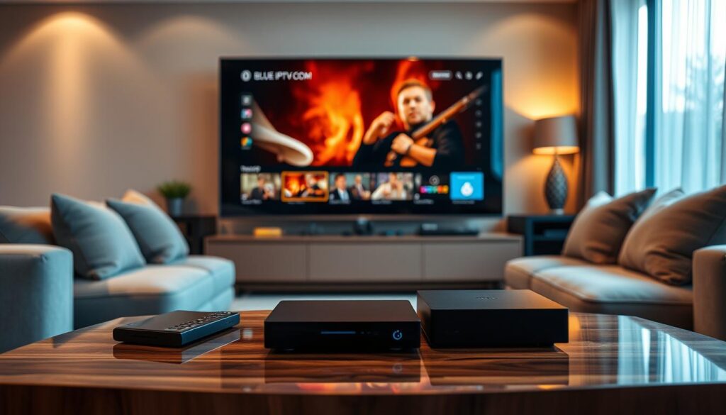 An elegant living room setting showcasing a modern television displaying high-quality 4K IPTV content from "bluefireiptv.com". In the foreground, a stylish coffee table holds various smart devices, including a remote control and a sleek streaming box. The middle ground features a plush sofa adorned with cushions, suggesting comfort for an immersive viewing experience. The background reveals a large window with natural light streaming in, creating a warm and inviting atmosphere. Subtle reflections on the TV screen highlight vivid colors and sharp details of the content, emphasizing the premium streaming quality. The overall mood is cozy and sophisticated, perfect for enjoying high-definition entertainment in a typical UK home environment.