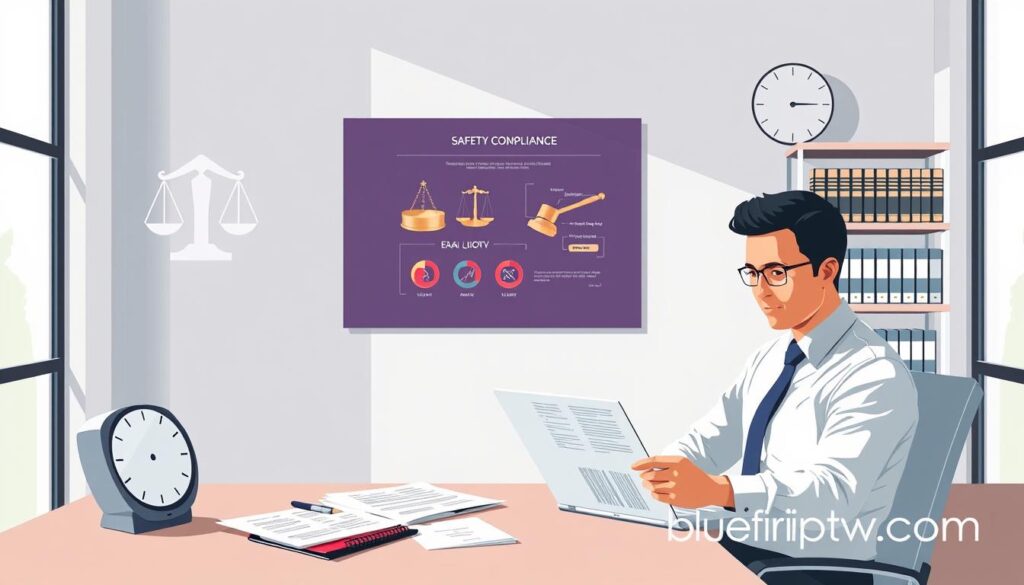 An illustration showcasing the legal and safety considerations of IPTV in the UK. In the foreground, a professional-looking individual in business attire, seated at a modern desk, reviewing legal documents and safety compliance charts on a laptop, surrounded by paperwork and a notepad. The middle ground features a large poster on the wall displaying icons of British law, such as scales of justice and a gavel, symbolizing regulations. The background captures a contemporary office environment, with large windows allowing natural light to flood in, casting soft shadows. A sleek digital clock and an organized shelf of legal books reinforce the theme of professionalism. The mood is serious yet informative, emphasizing responsibility in technology use. The brand "bluefireiptv.com" is subtly integrated into the scene as a decorative element on the desk. An illustration showcasing the legal and safety considerations of IPTV in the UK. In the foreground, a professional-looking individual in business attire, seated at a modern desk, reviewing legal documents and safety compliance charts on a laptop, surrounded by paperwork and a notepad. The middle ground features a large poster on the wall displaying icons of British law, such as scales of justice and a gavel, symbolizing regulations. The background captures a contemporary office environment, with large windows allowing natural light to flood in, casting soft shadows. A sleek digital clock and an organized shelf of legal books reinforce the theme of professionalism. The mood is serious yet informative, emphasizing responsibility in technology use. The brand "bluefireiptv.com" is subtly integrated into the scene as a decorative element on the desk.
